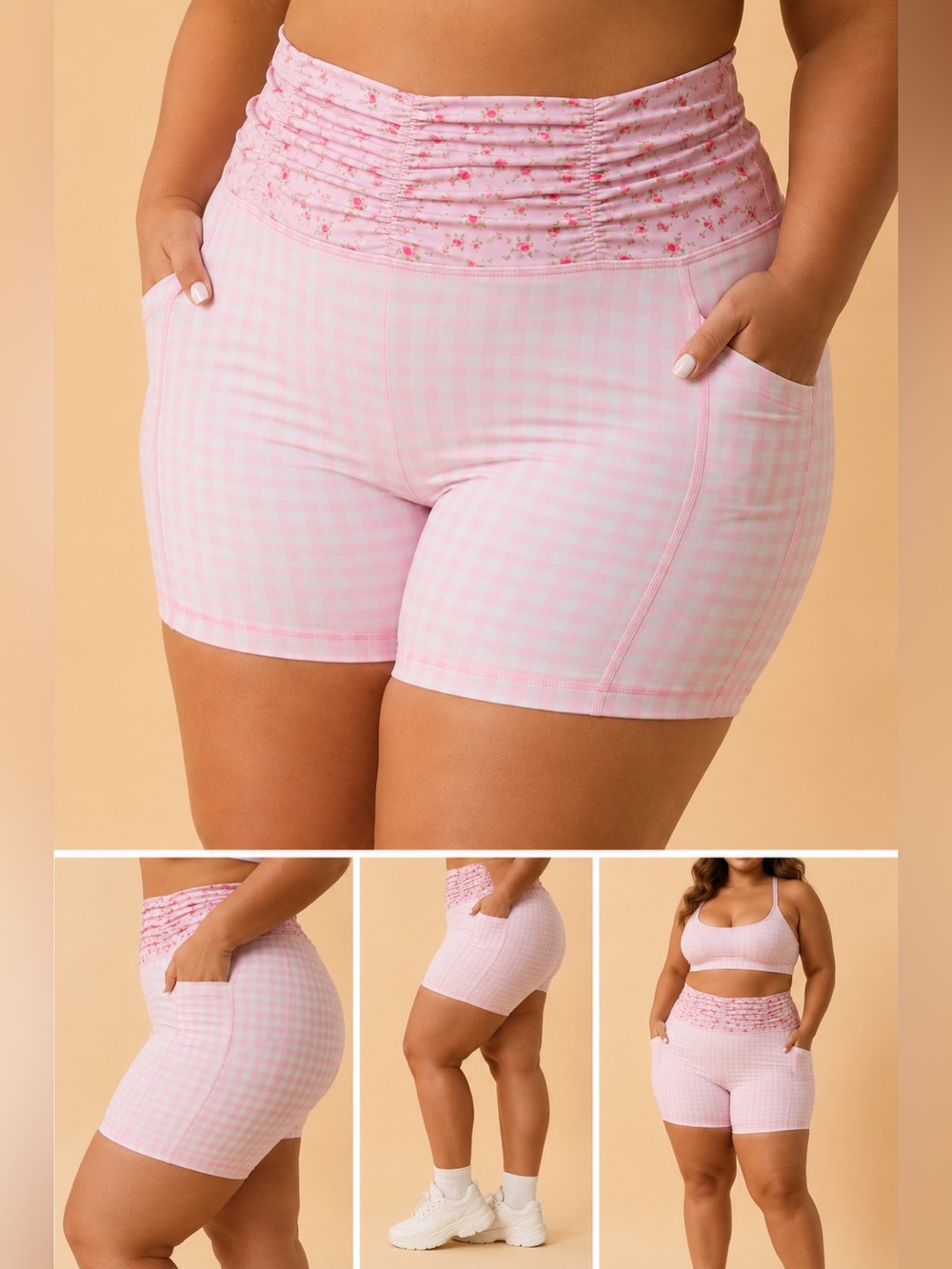 Blogilates Ruched Waist Shorts 3X Pink Gingham Floral High Waisted Pockets NWT
